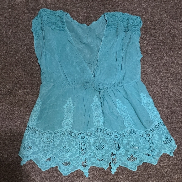 Elegant Lace Trim Teal Top Or Bathing Suit Coverup - Picture 1 of 3
